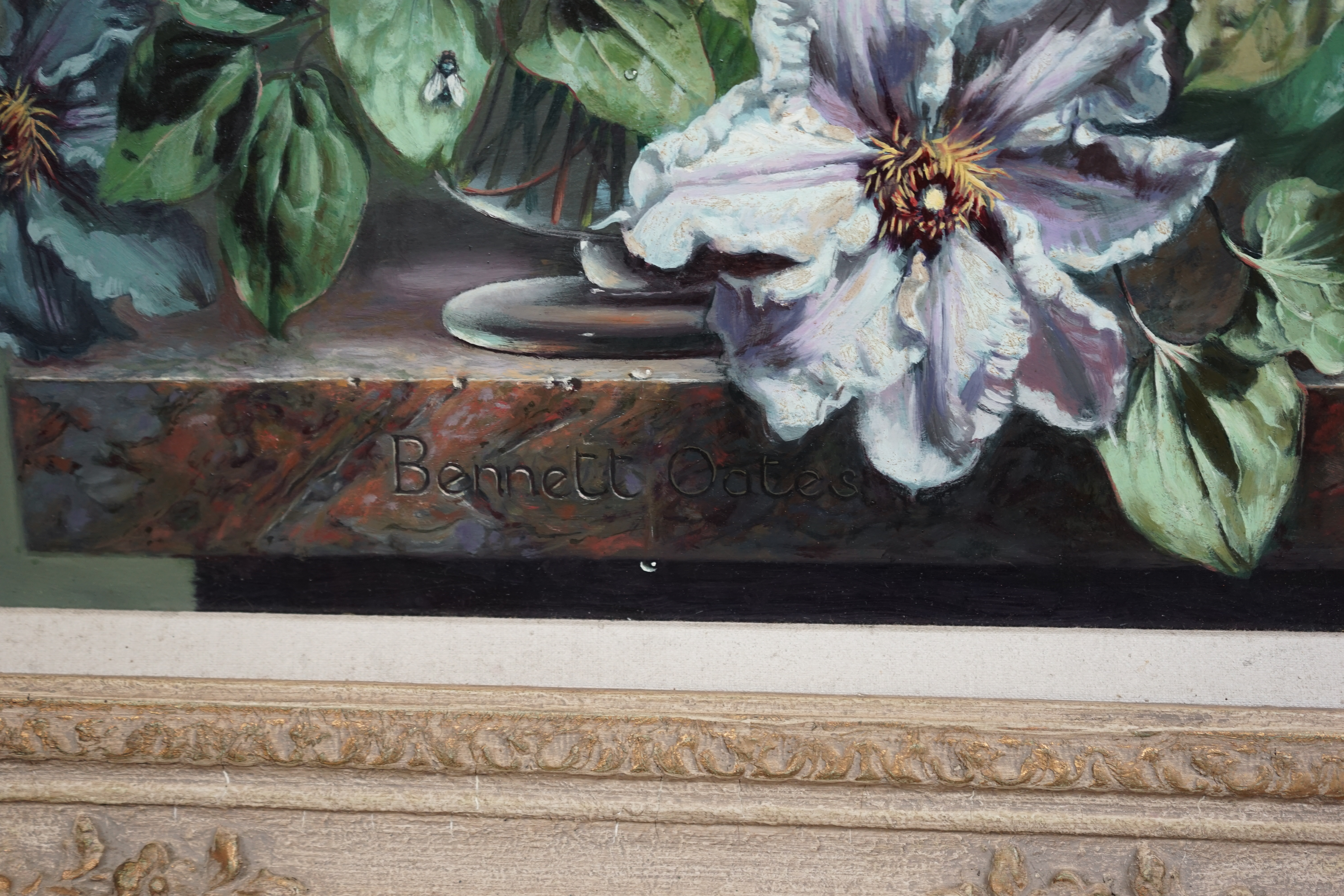Bennett Oates (English, 1928-2009), 'Clematis and Convolvulus', oil on board, 40 x 45cm